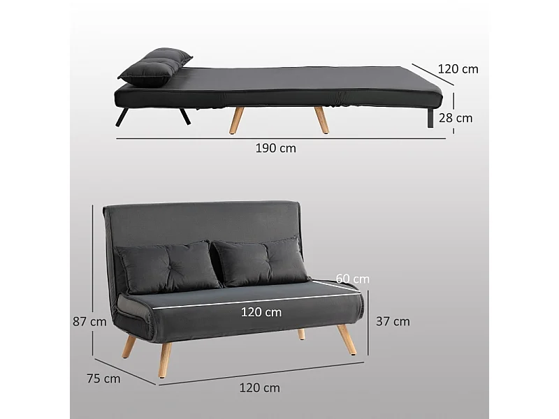 Canapé 2 places convertible en lit, en tissu gris, avec dossier inclinable et cadre métallique solide