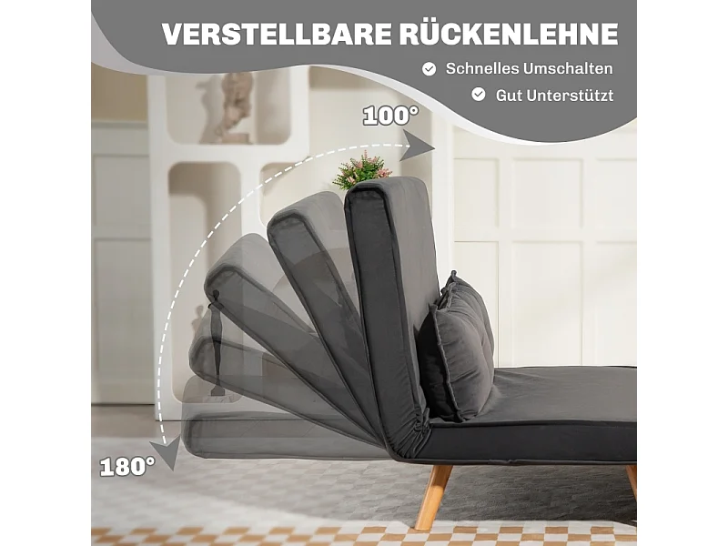 Canapé 2 places convertible en lit, en tissu gris, avec dossier inclinable et cadre métallique solide