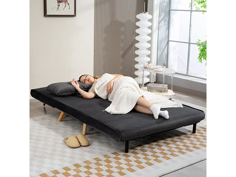 Canapé 2 places convertible en lit, en tissu gris, avec dossier inclinable et cadre métallique solide