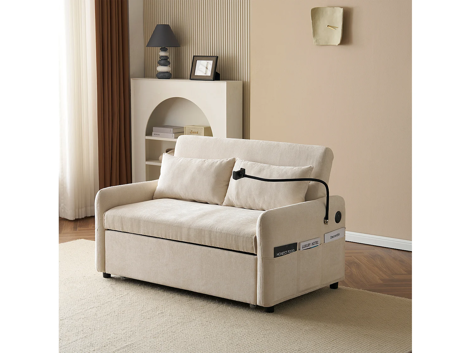 Canapé-lit 2 places multifonction, dossier inclinable, avec support téléphone et port USB, parfait pour salon ou appartement moderne