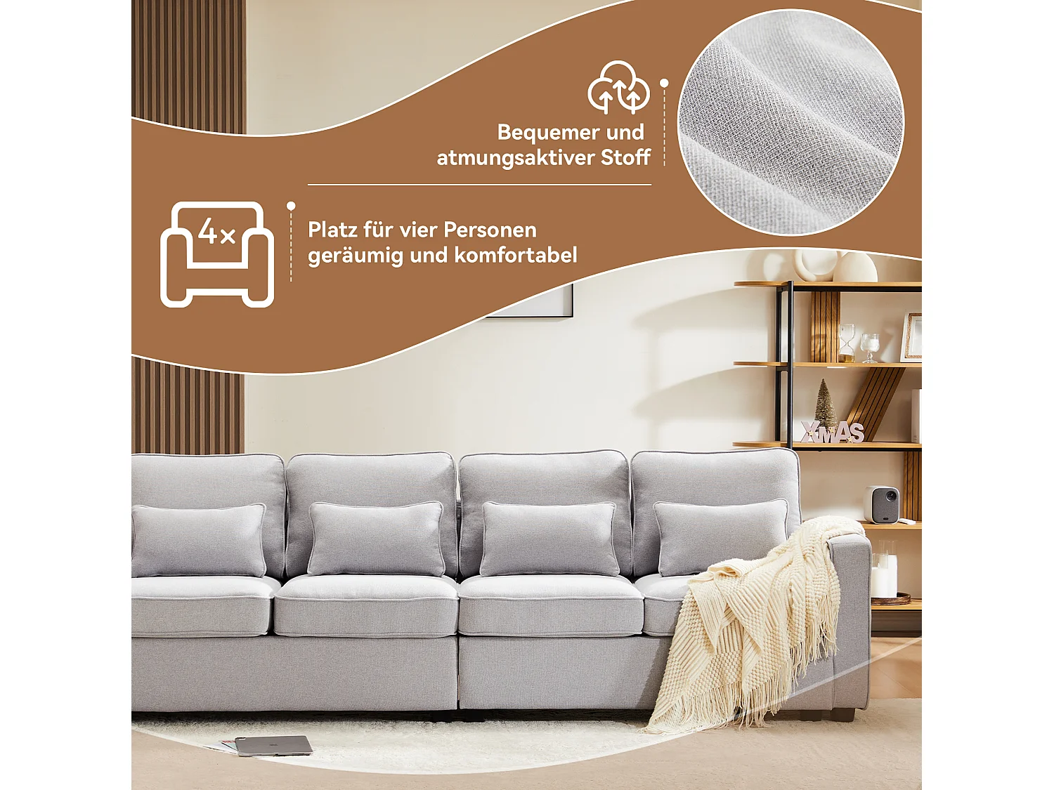 Canapé 4 places en lin avec poches sur accoudoirs et 4 coussins, style simple et moderne, idéal pour salon, appartement ou bureau