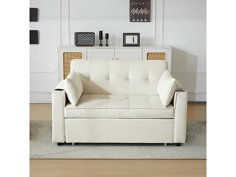 Canapé-lit pliant multifonction avec porte-gobelets et coussins, idéal pour salon, chambre ou home cinéma