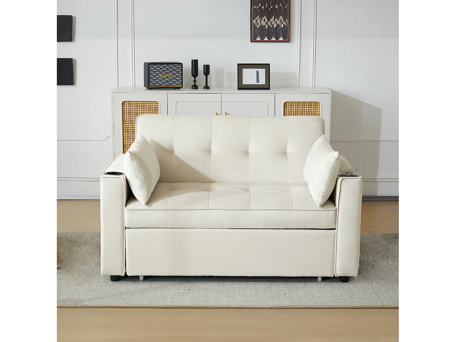 Canapé-lit pliant multifonction avec porte-gobelets et coussins, idéal pour salon, chambre ou home cinéma