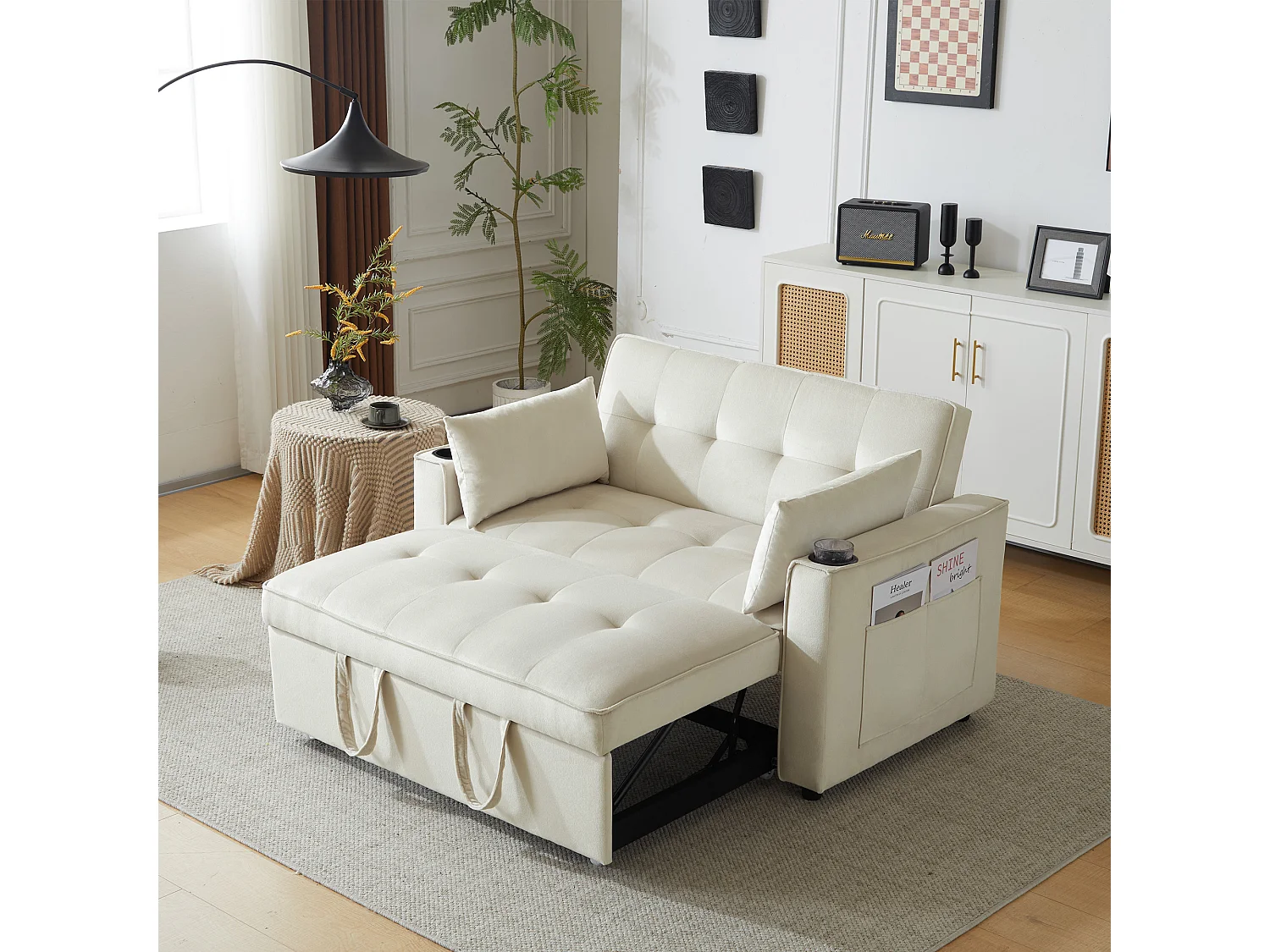 Canapé-lit pliant multifonction avec porte-gobelets et coussins, idéal pour salon, chambre ou home cinéma