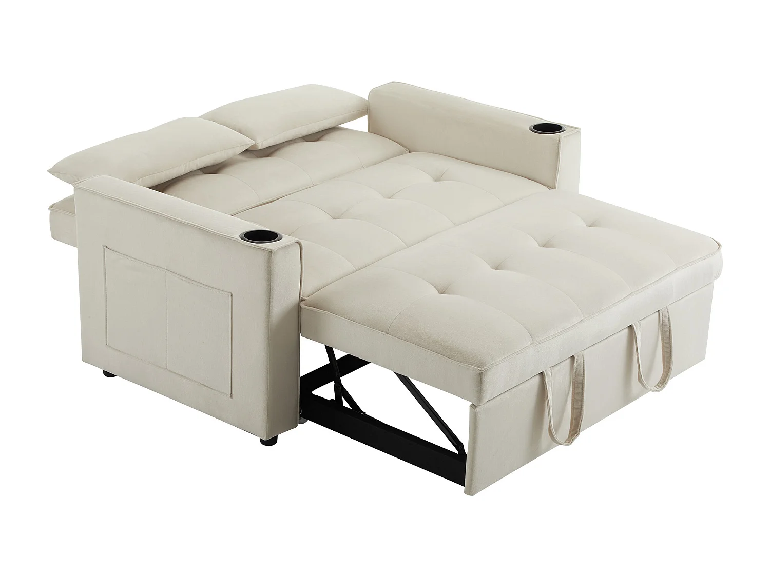 Canapé-lit pliant multifonction avec porte-gobelets et coussins, idéal pour salon, chambre ou home cinéma