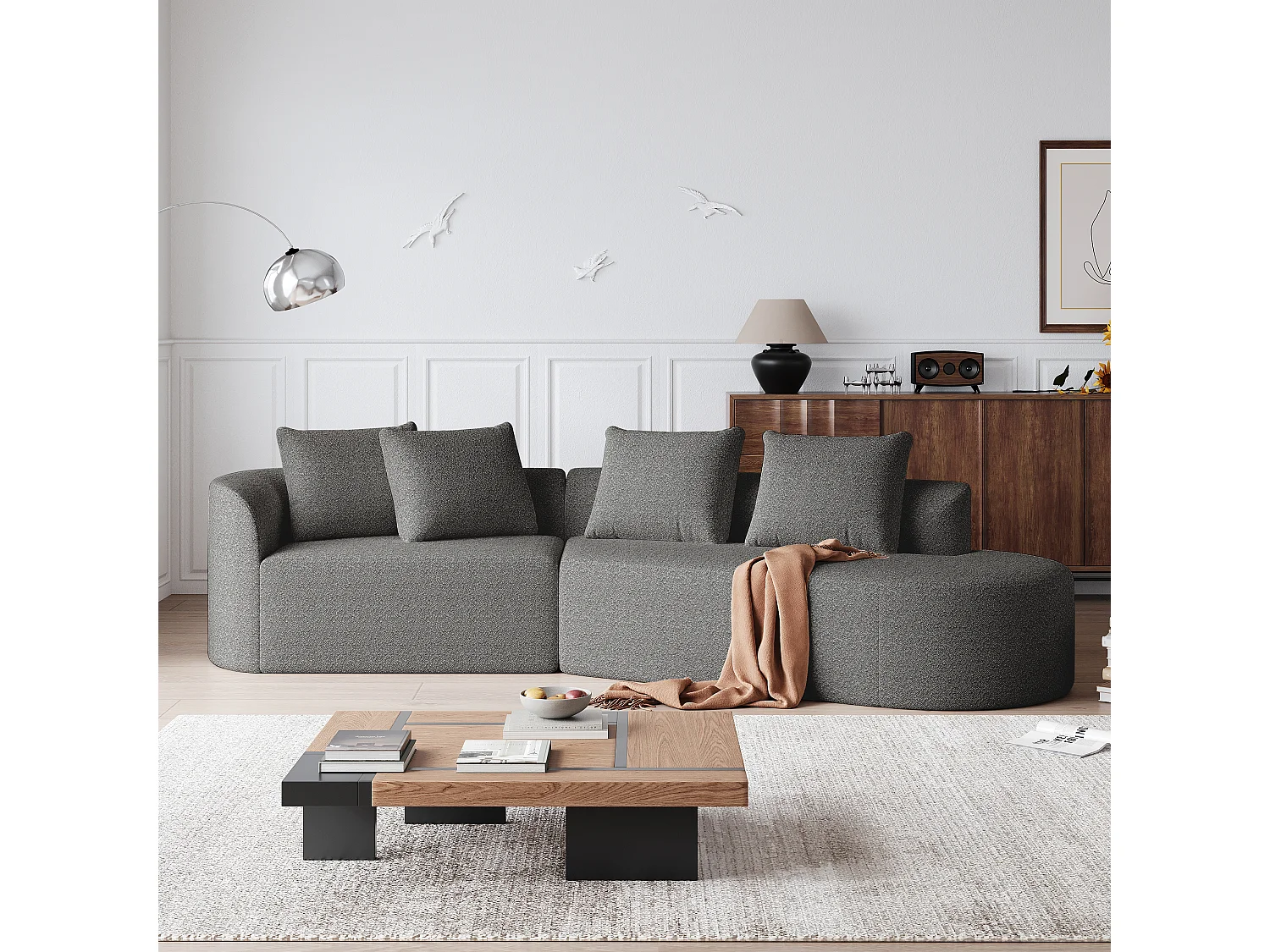 Canapé d’angle surdimensionné en chenille moderne, 4 places, Forme nuage arrondie, 4 coussins décoratifs, pour salon et chambre