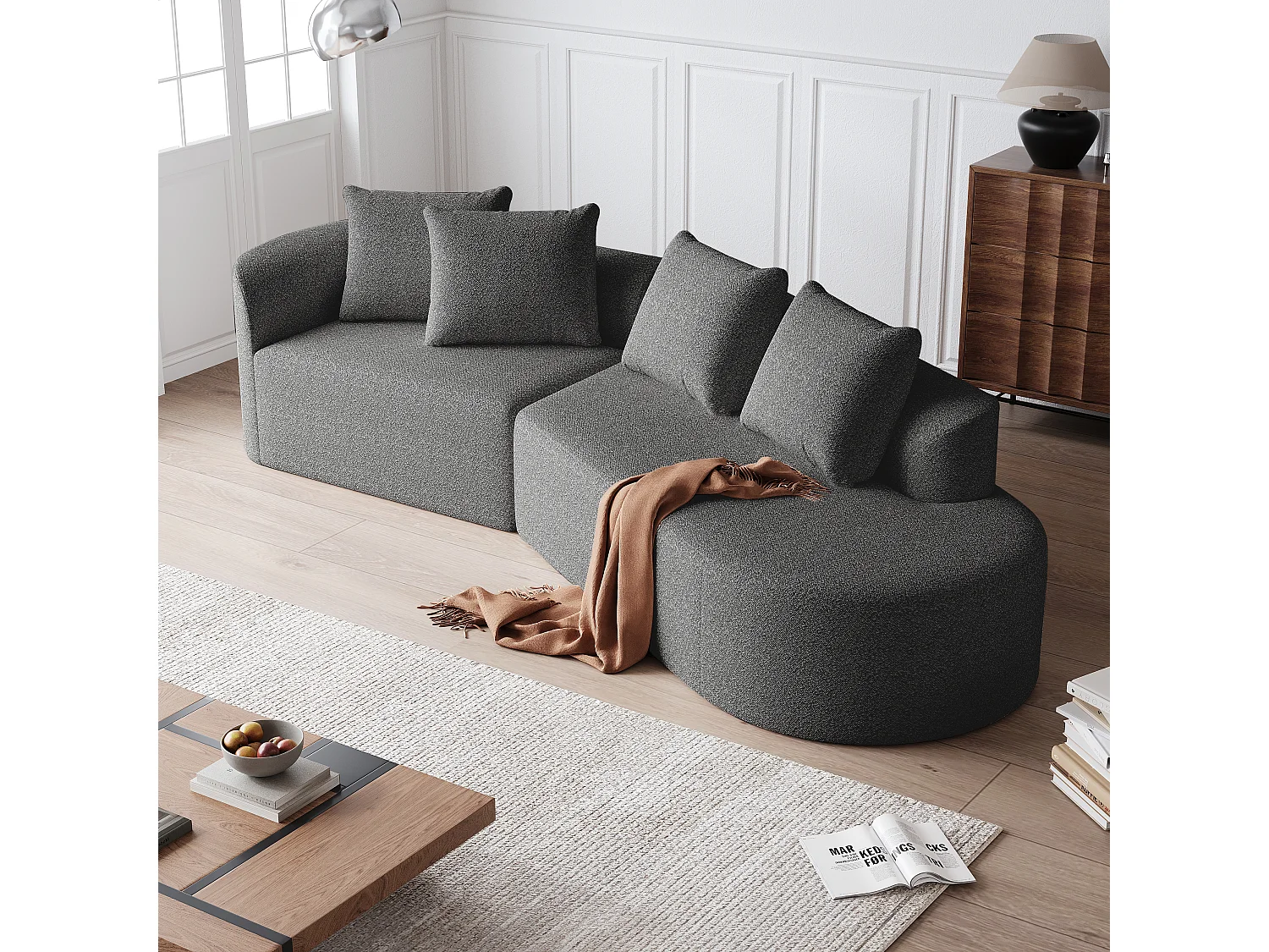 Canapé d’angle surdimensionné en chenille moderne, 4 places, Forme nuage arrondie, 4 coussins décoratifs, pour salon et chambre