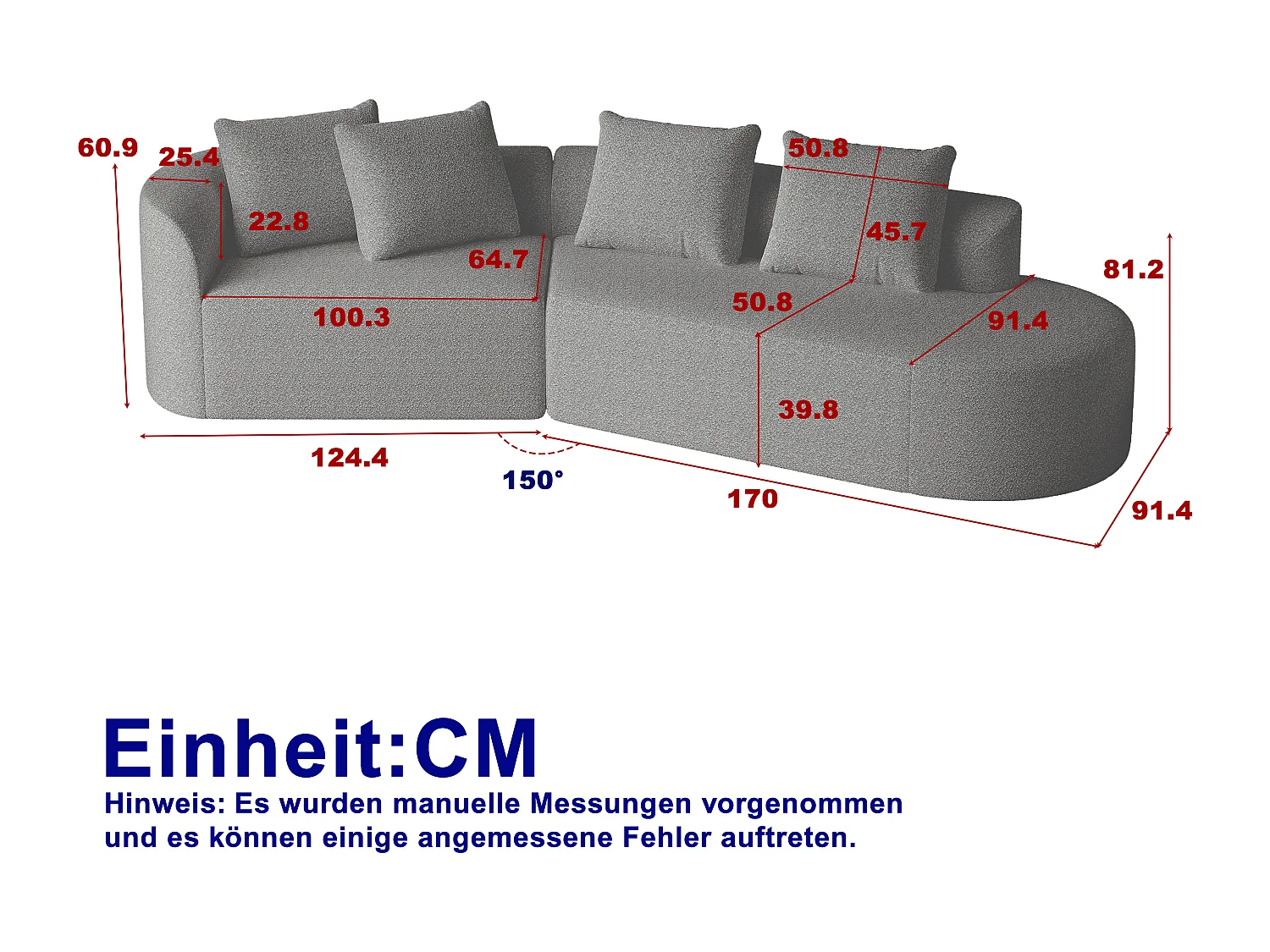 Canapé d’angle surdimensionné en chenille moderne, 4 places, Forme nuage arrondie, 4 coussins décoratifs, pour salon et chambre