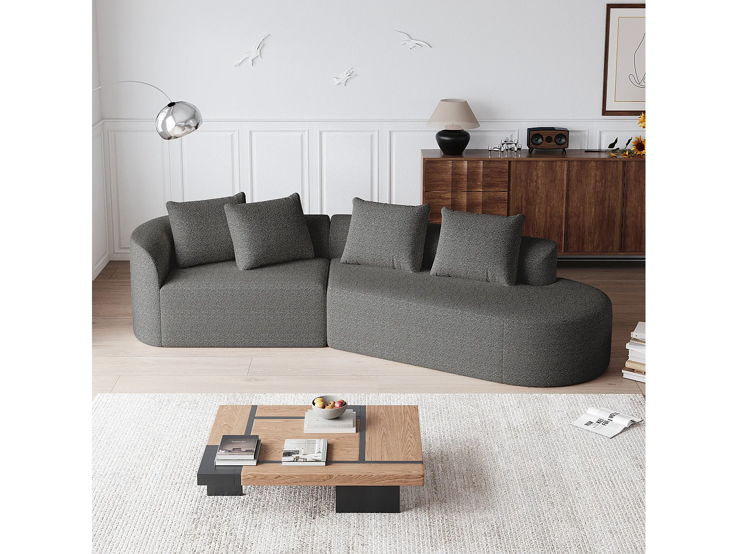 Canapé d’angle surdimensionné en chenille moderne, 4 places, Forme nuage arrondie, 4 coussins décoratifs, pour salon et chambre