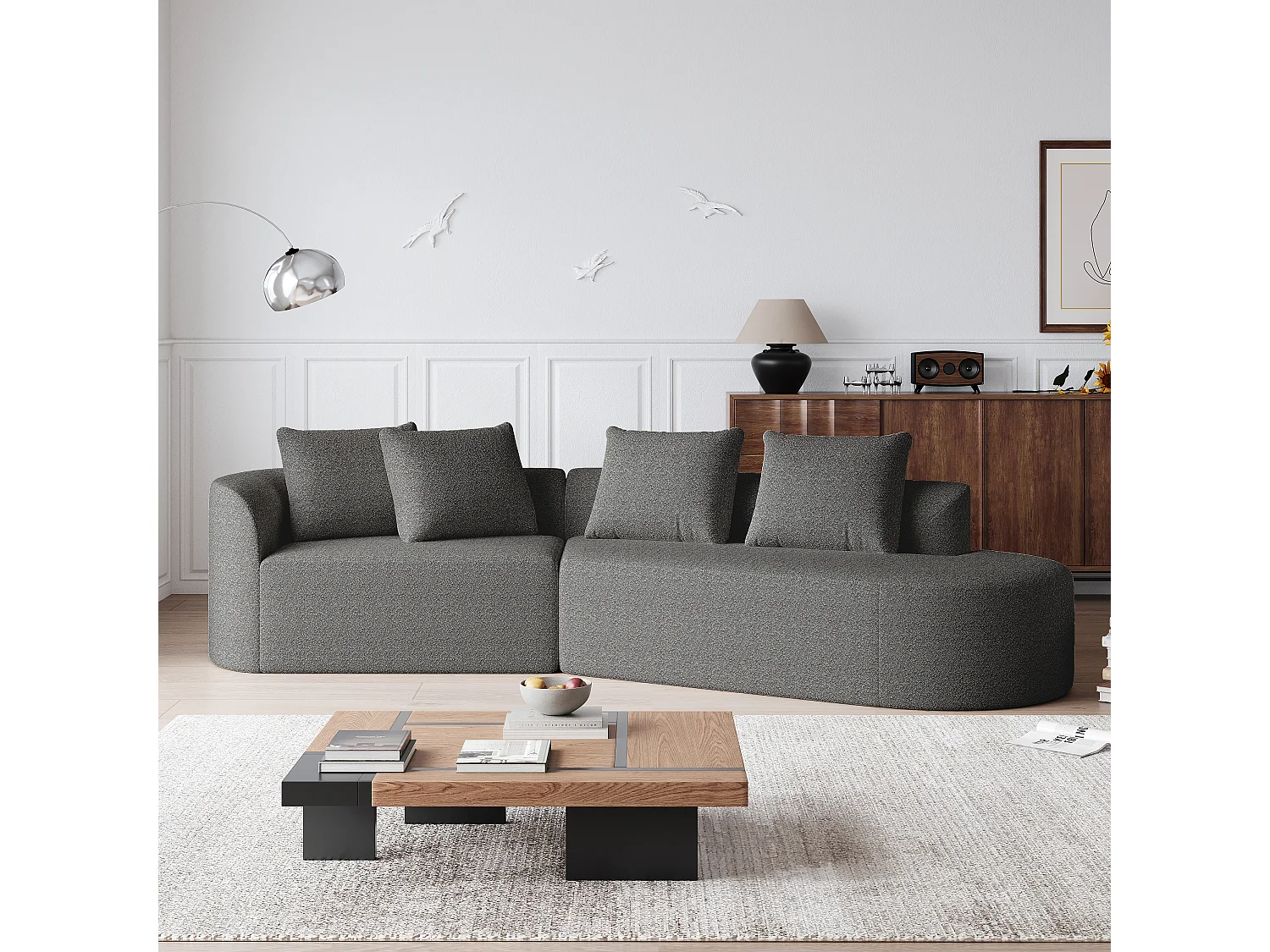 Canapé d’angle surdimensionné en chenille moderne, 4 places, Forme nuage arrondie, 4 coussins décoratifs, pour salon et chambre