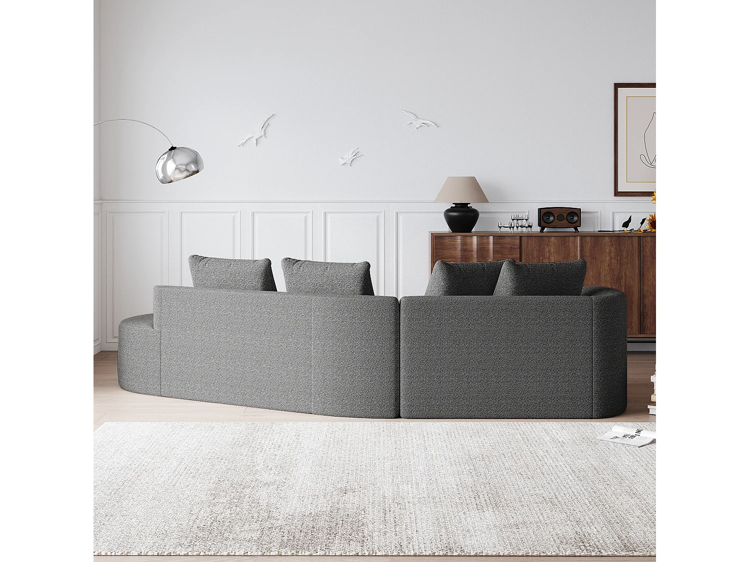 Canapé d’angle surdimensionné en chenille moderne, 4 places, Forme nuage arrondie, 4 coussins décoratifs, pour salon et chambre