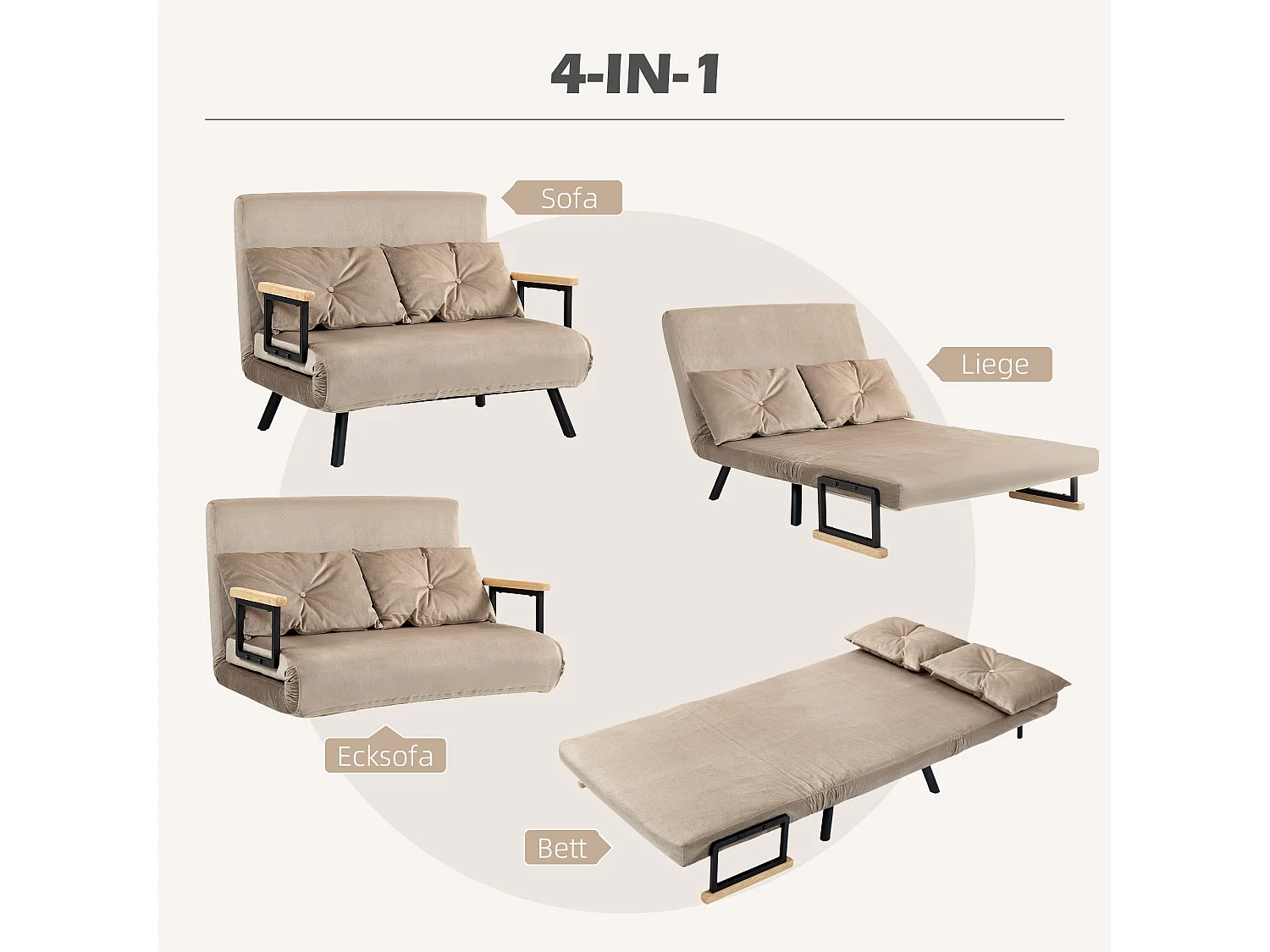 Canapé 2 places en velours doux, convertible avec dossier réglable 5 positions, coussin et pieds stables, teinte brun clair élégante