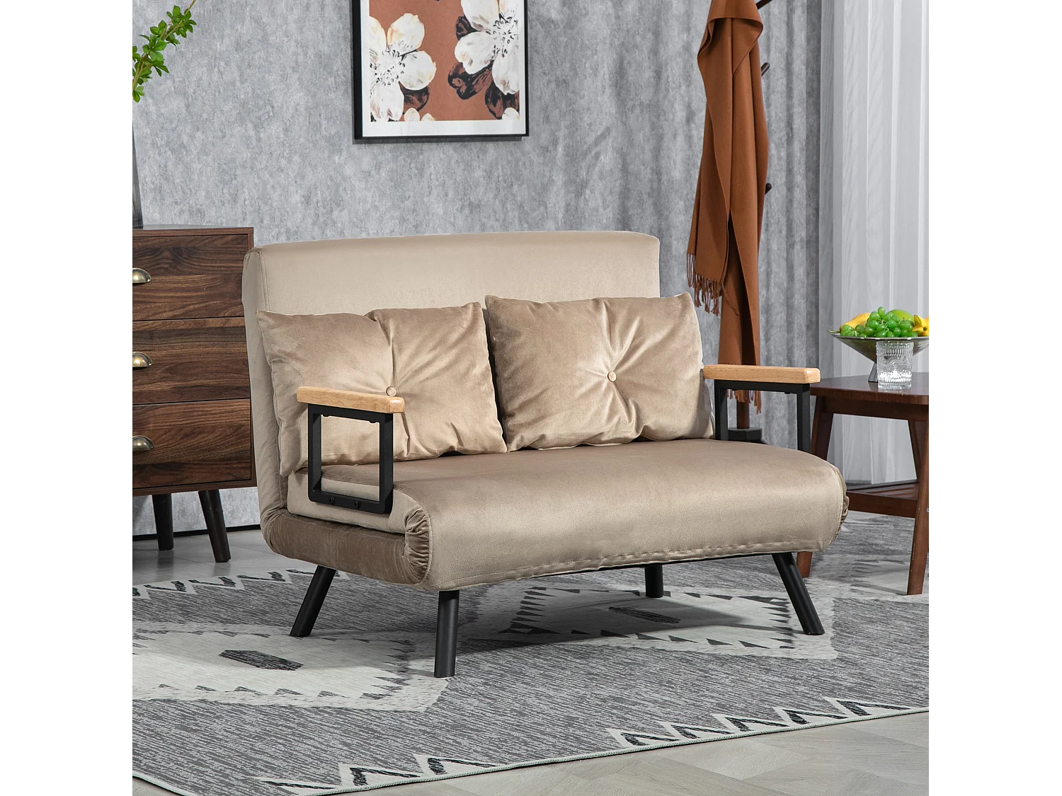 Canapé 2 places en velours doux, convertible avec dossier réglable 5 positions, coussin et pieds stables, teinte brun clair élégante