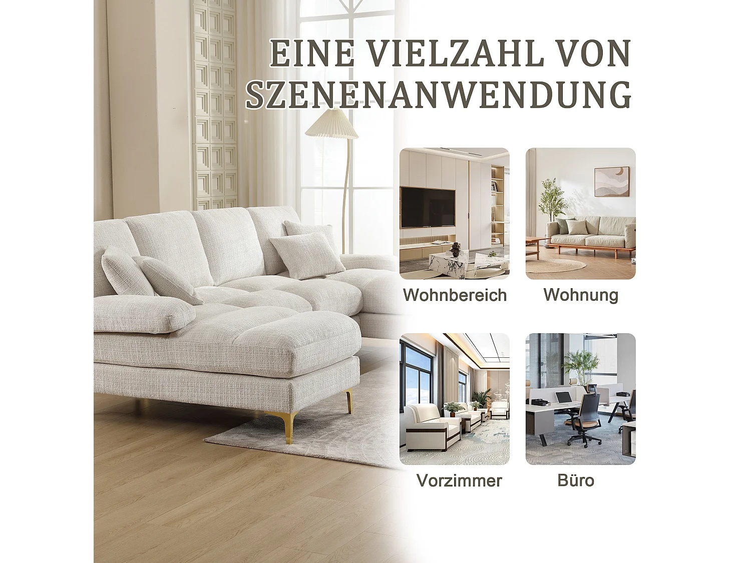 Sofá grande em formato de U, em tecido chenille, com duas confortáveis chaise longues, design moderno, perfeito para sala de estar ou casa com lareira