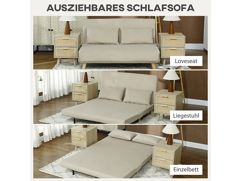 Canapé-lit beige en velours 130 x 78 cm, avec coussin lombaire et dossier réglable, idéal pour salon ou chambre