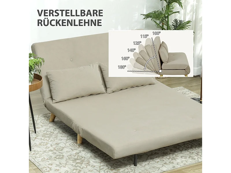 Canapé-lit beige en velours 130 x 78 cm, avec coussin lombaire et dossier réglable, idéal pour salon ou chambre