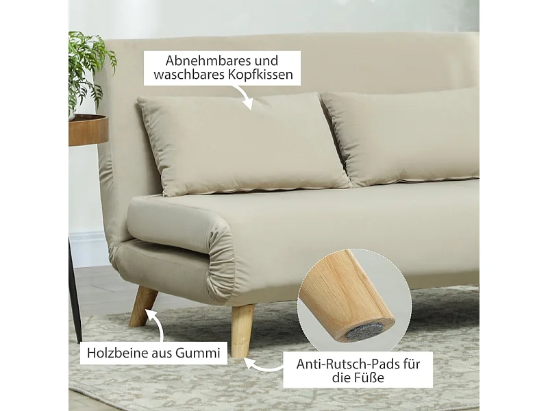 Canapé-lit beige en velours 130 x 78 cm, avec coussin lombaire et dossier réglable, idéal pour salon ou chambre