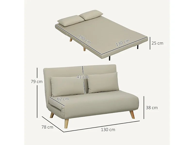 Canapé-lit beige en velours 130 x 78 cm, avec coussin lombaire et dossier réglable, idéal pour salon ou chambre