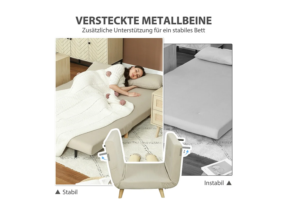 Canapé-lit beige en velours 130 x 78 cm, avec coussin lombaire et dossier réglable, idéal pour salon ou chambre