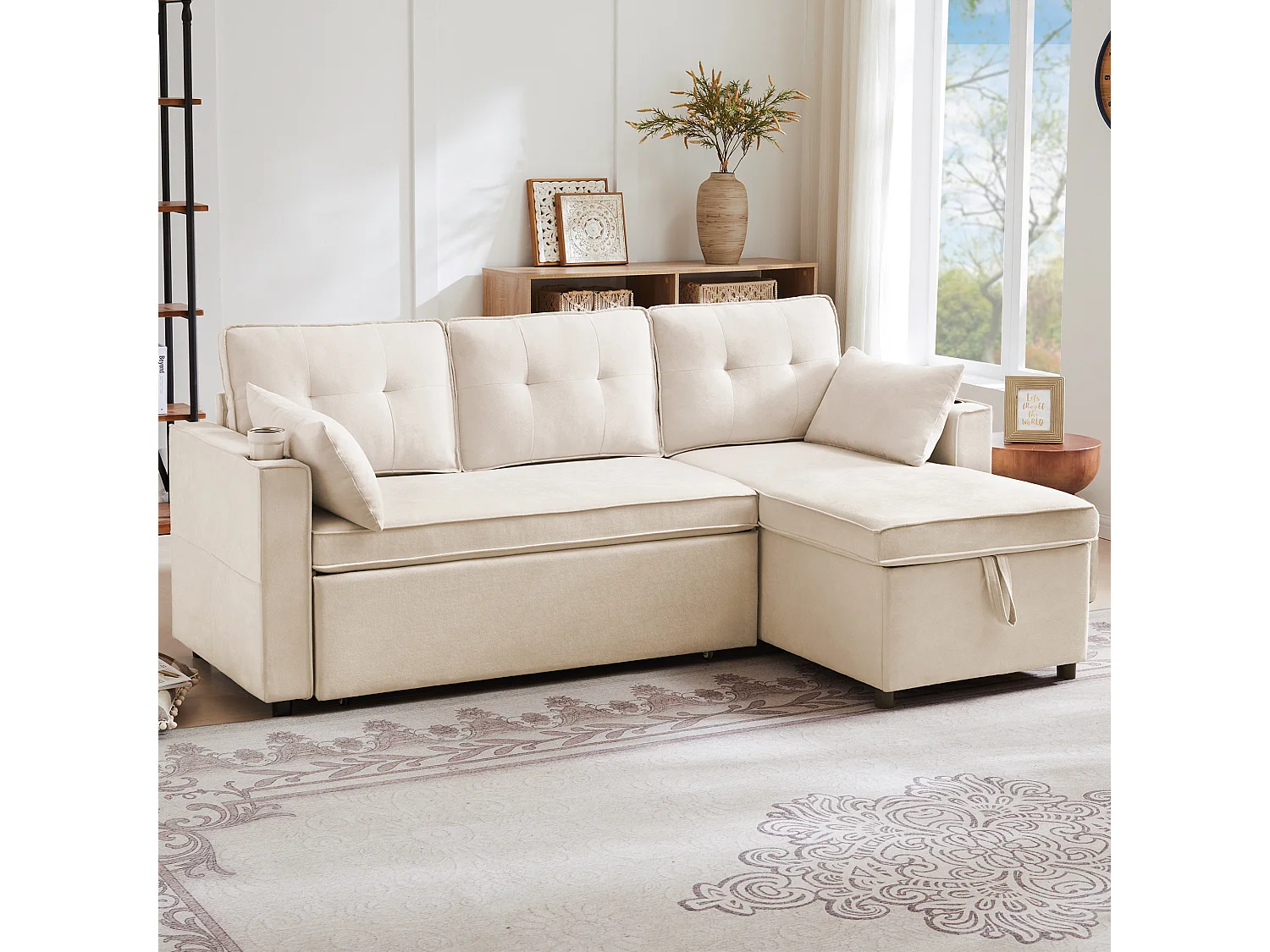 Canapé d’angle L avec fonction lit, rangement intégré et porte-gobelet – Design moderne, convertible gauche/droite, idéal pour salon