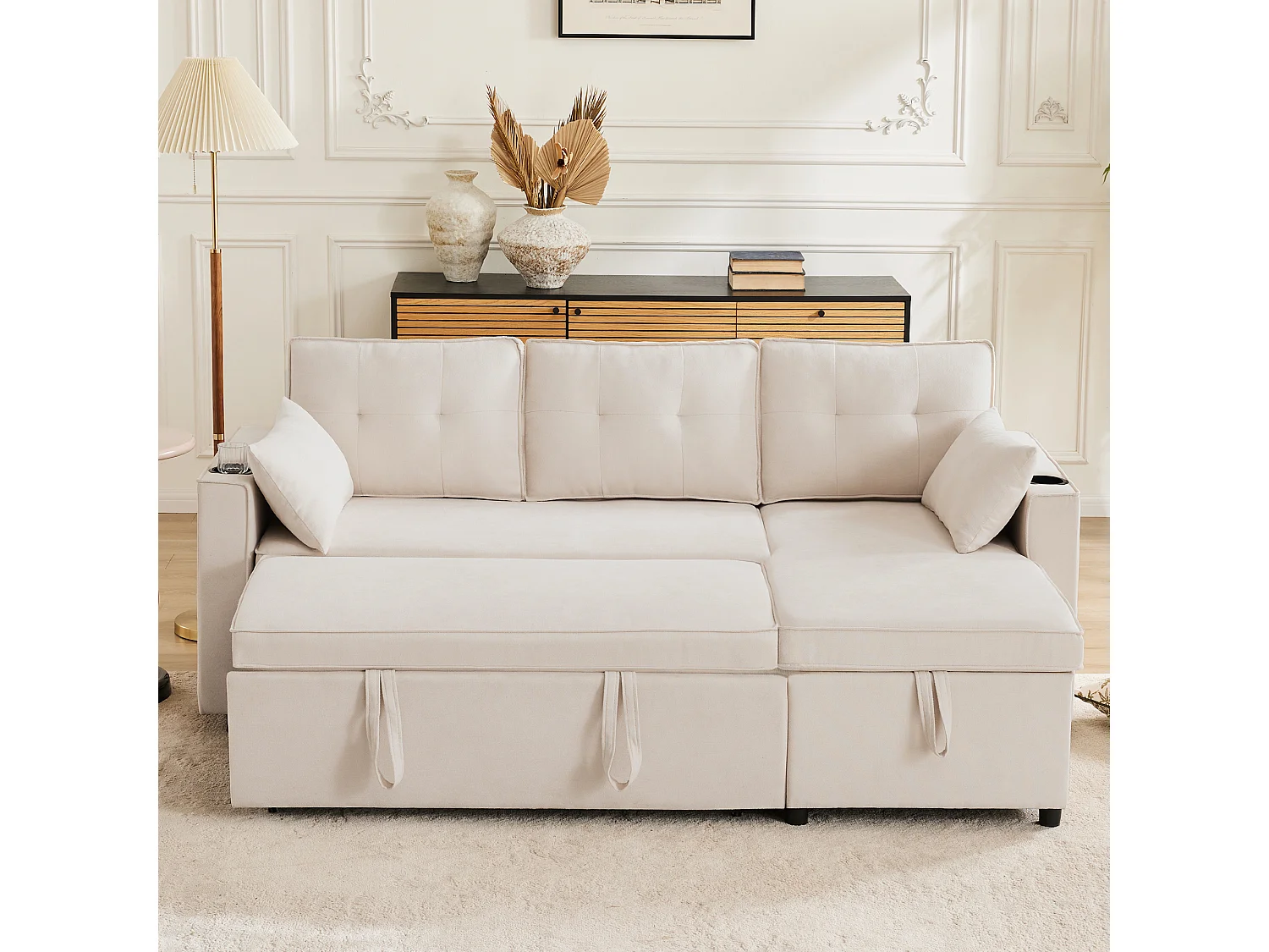 Canapé d’angle L avec fonction lit, rangement intégré et porte-gobelet – Design moderne, convertible gauche/droite, idéal pour salon