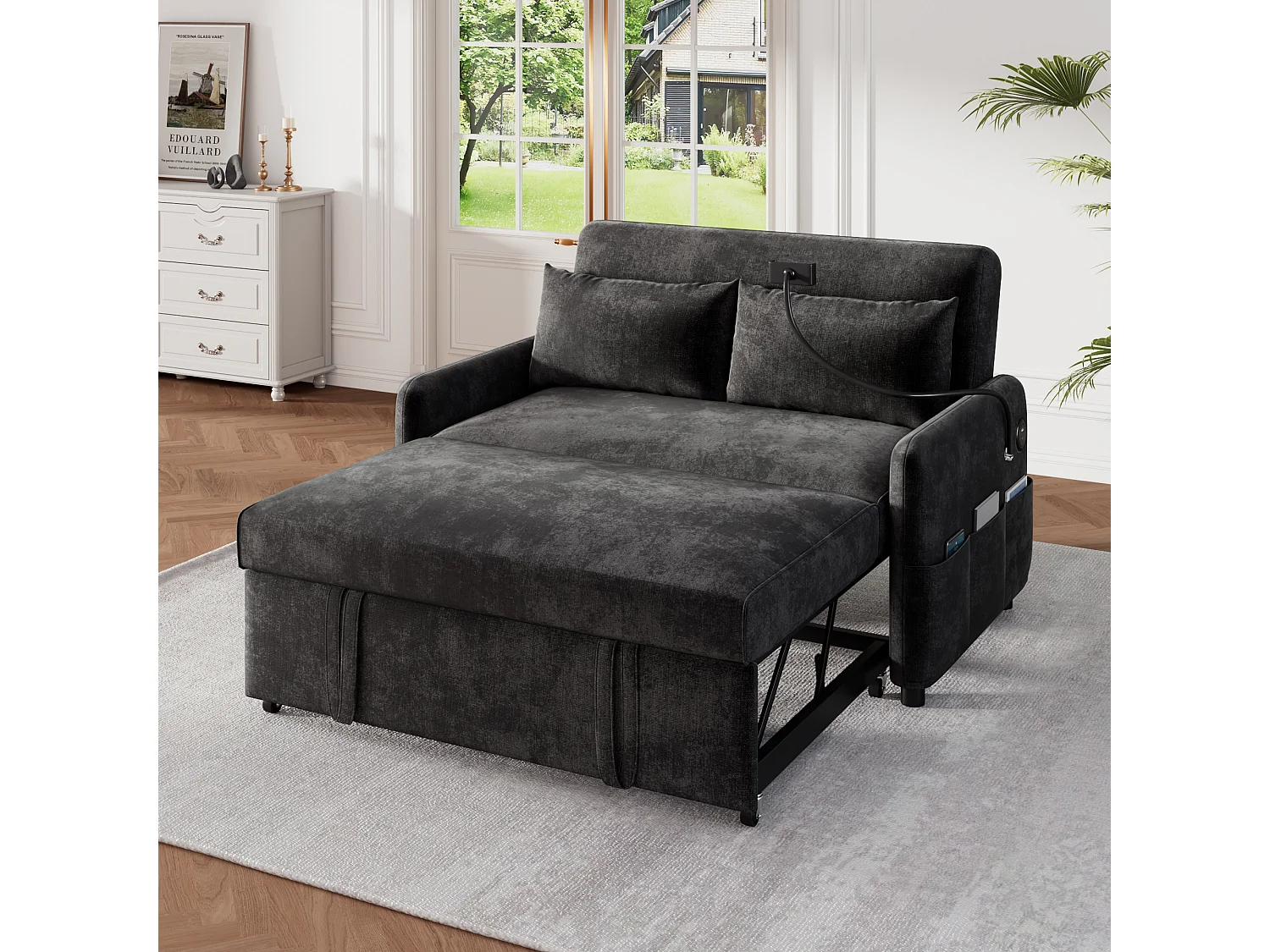 Canapé-lit 2 places multifonction, dossier inclinable, avec support téléphone et port USB, parfait pour salon ou appartement moderne