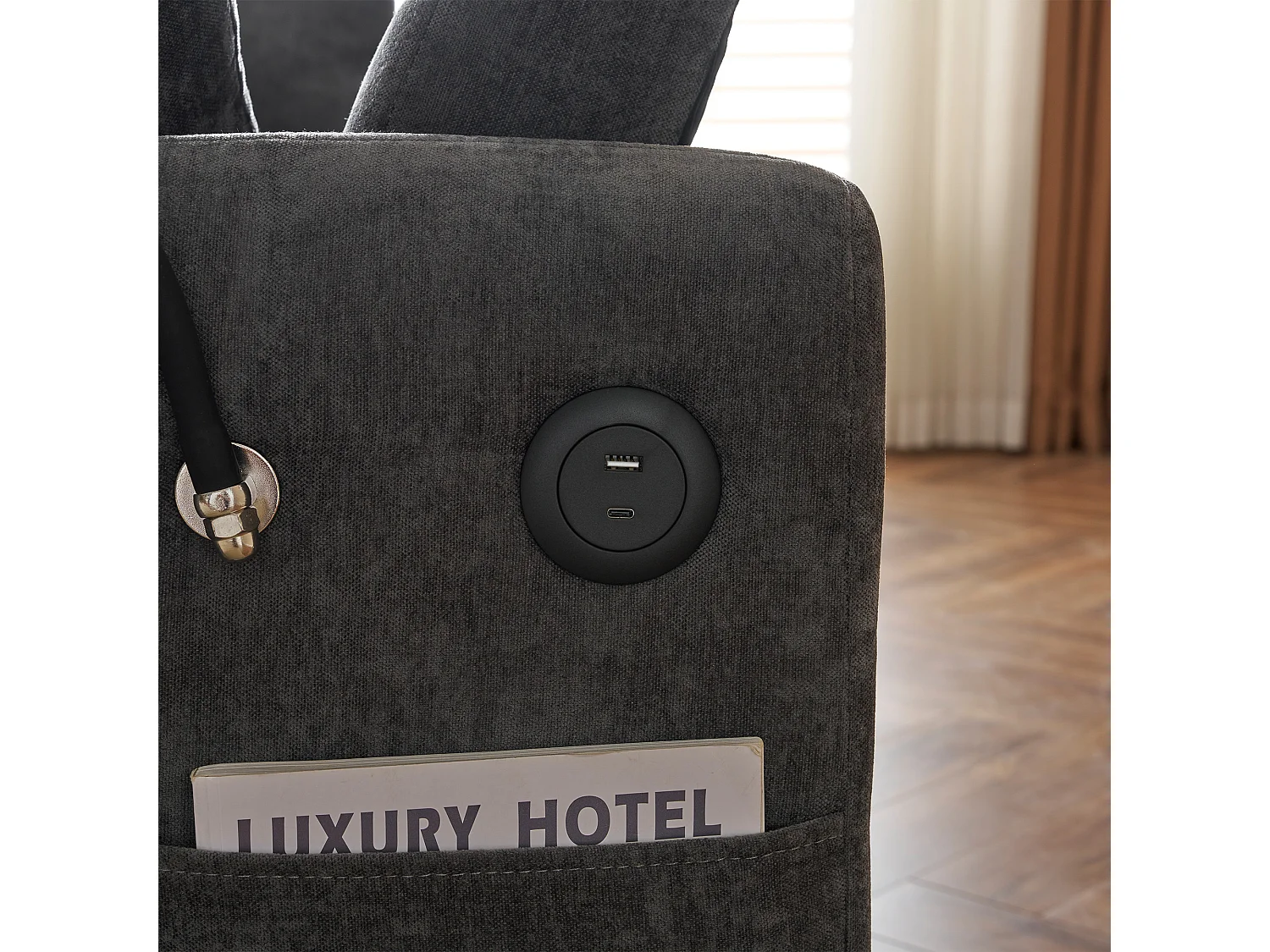 Canapé-lit 2 places multifonction, dossier inclinable, avec support téléphone et port USB, parfait pour salon ou appartement moderne