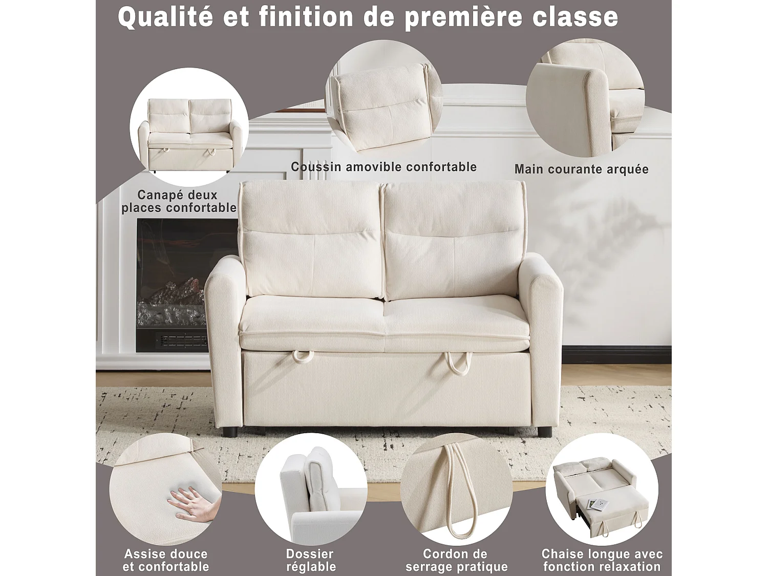 Canapé-lit 2 places moderne, pliable avec fonction lit, dossier réglable et grand coussin de dossier, compact pour petits salons