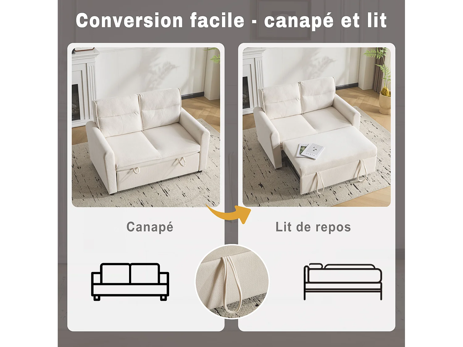 Canapé-lit 2 places moderne, pliable avec fonction lit, dossier réglable et grand coussin de dossier, compact pour petits salons