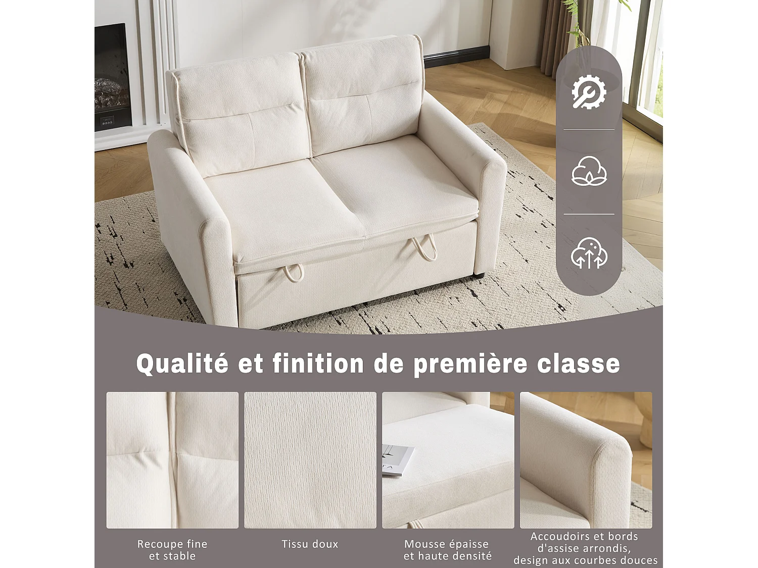 Canapé-lit 2 places moderne, pliable avec fonction lit, dossier réglable et grand coussin de dossier, compact pour petits salons