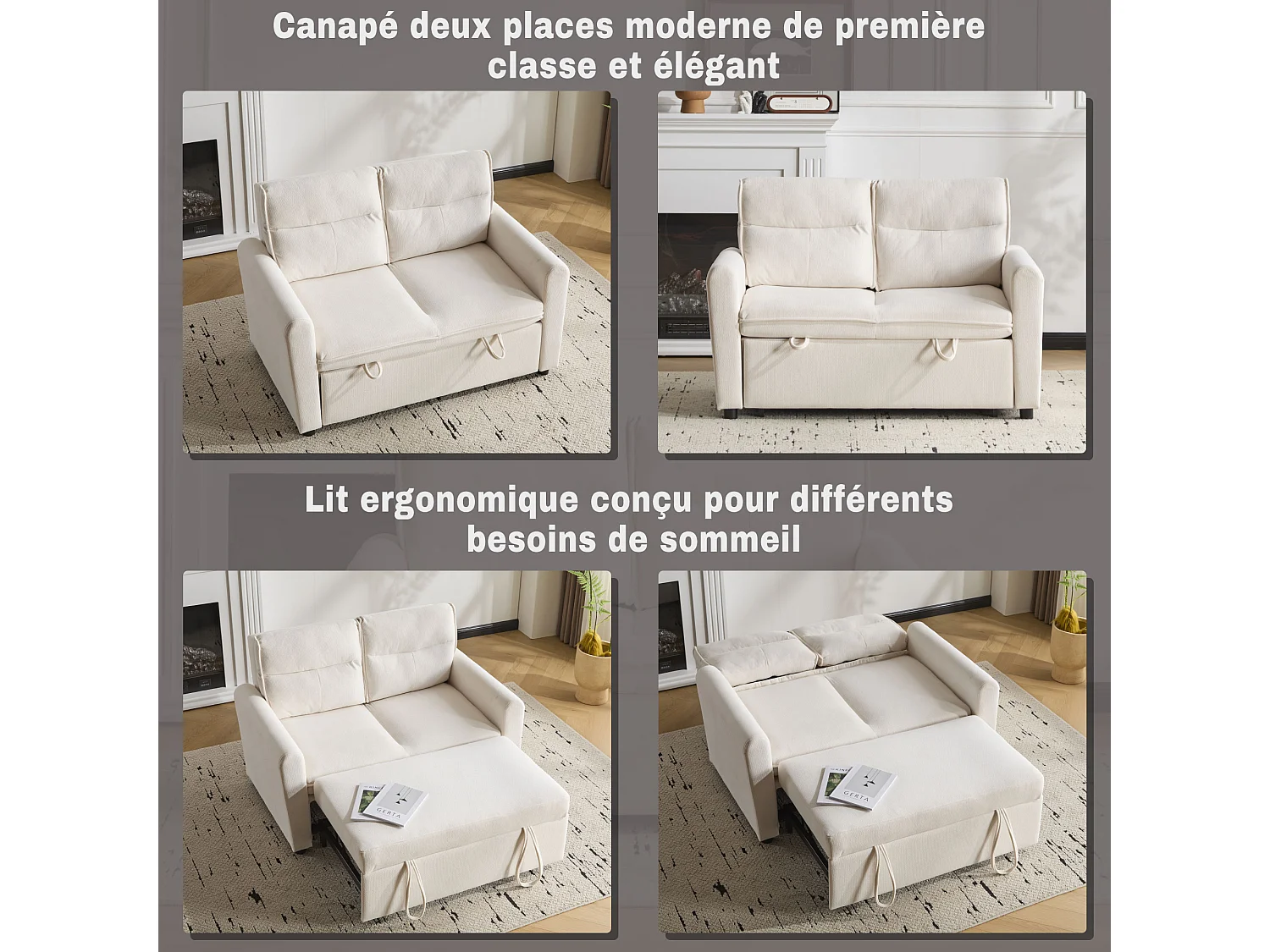 Canapé-lit 2 places moderne, pliable avec fonction lit, dossier réglable et grand coussin de dossier, compact pour petits salons