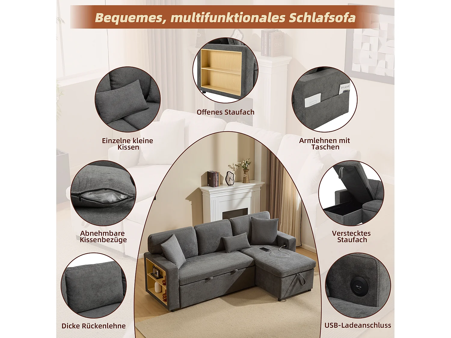 Canapé d’angle L convertible avec coffre et étagère intégrée, canapé-lit extensible, gris foncé, pratique pour salon et chambre