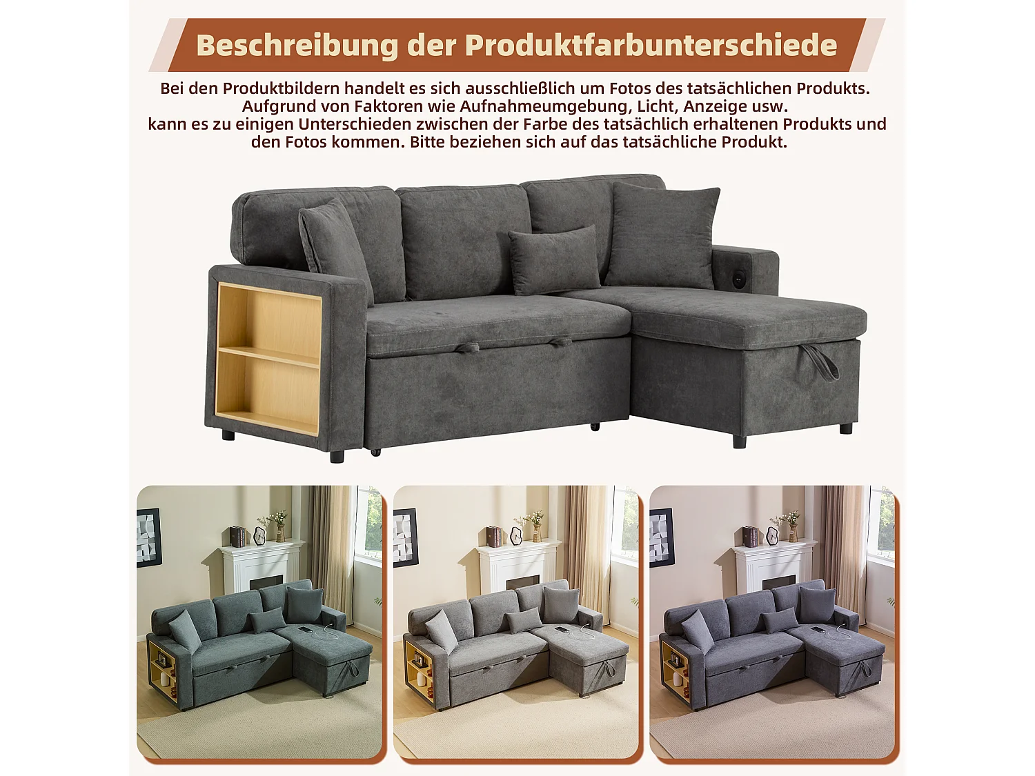 Canapé d’angle L convertible avec coffre et étagère intégrée, canapé-lit extensible, gris foncé, pratique pour salon et chambre