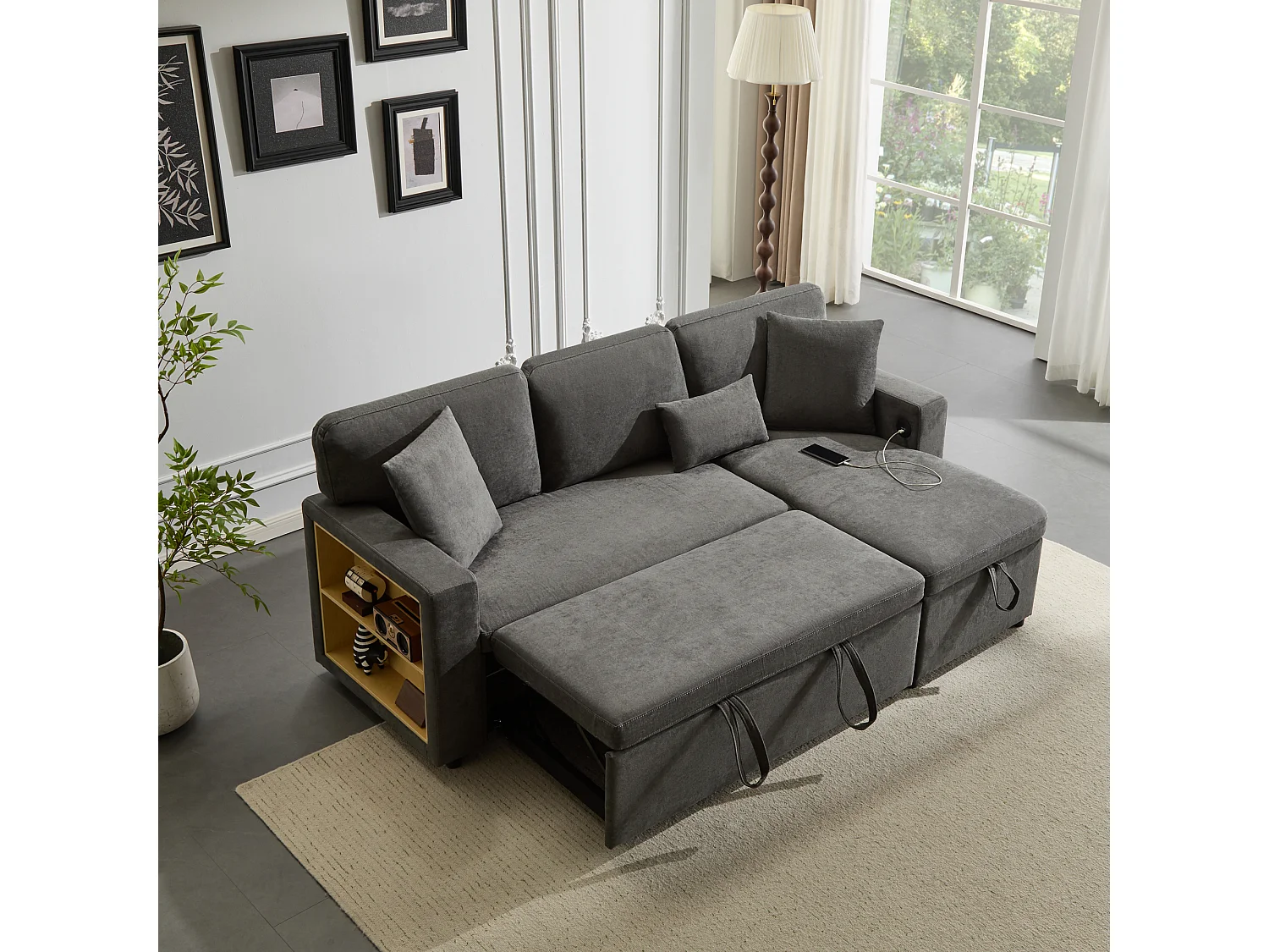 Canapé d’angle L convertible avec coffre et étagère intégrée, canapé-lit extensible, gris foncé, pratique pour salon et chambre