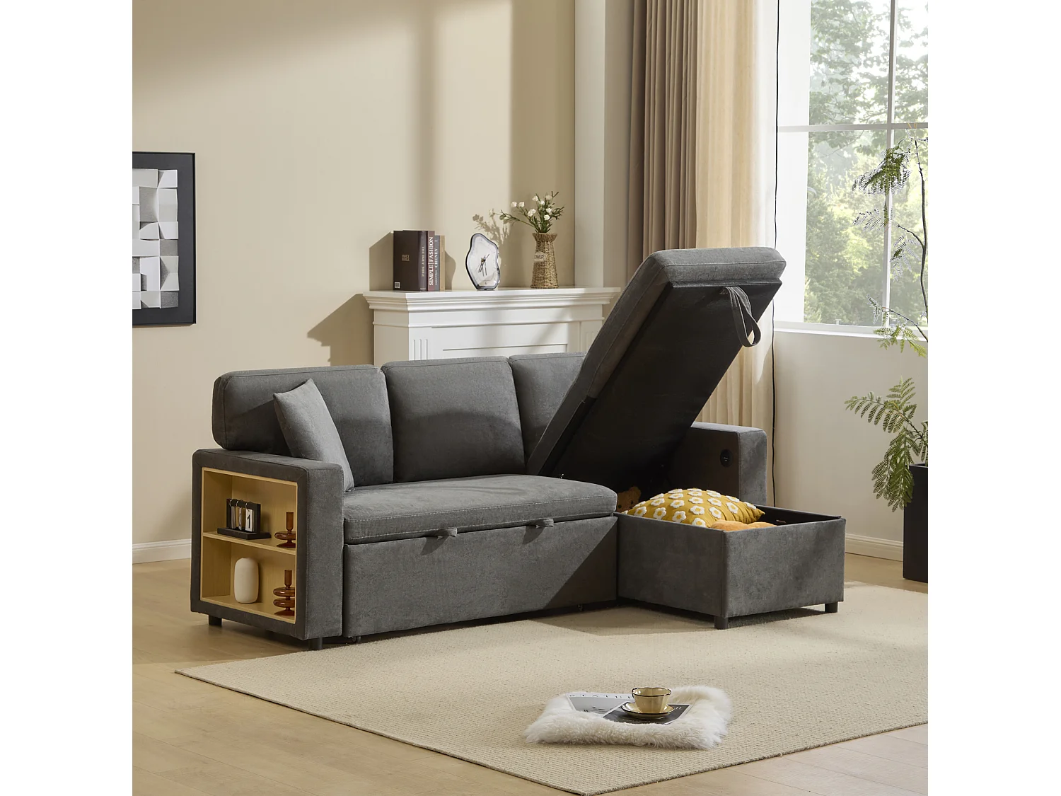 Canapé d’angle L convertible avec coffre et étagère intégrée, canapé-lit extensible, gris foncé, pratique pour salon et chambre