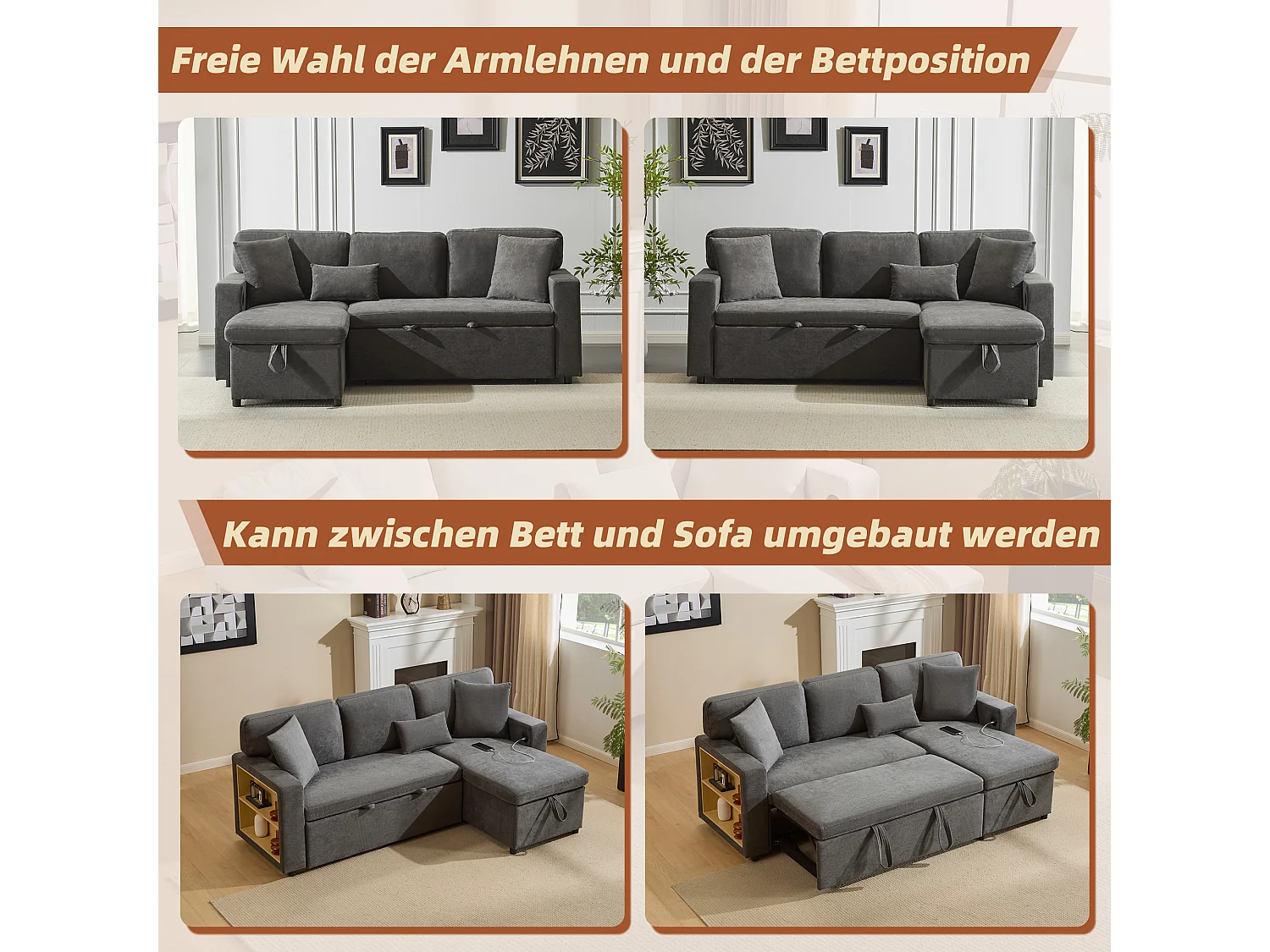 Canapé d’angle L convertible avec coffre et étagère intégrée, canapé-lit extensible, gris foncé, pratique pour salon et chambre