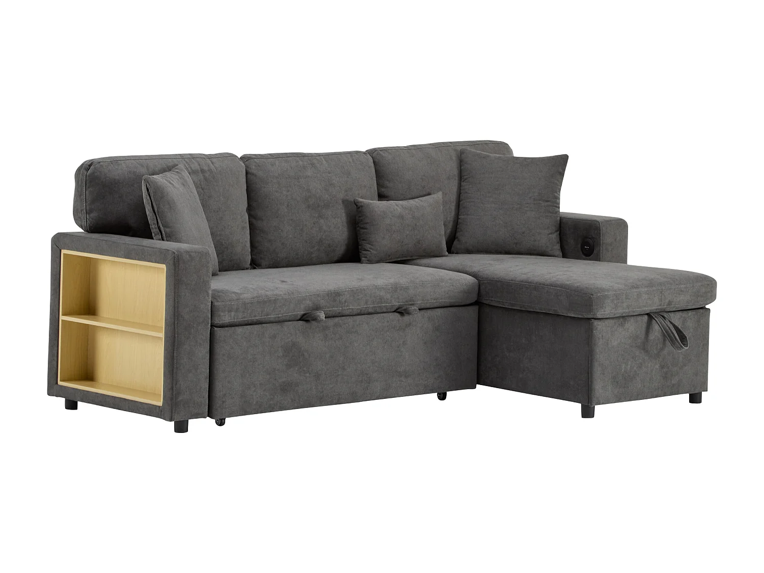 Canapé d’angle L convertible avec coffre et étagère intégrée, canapé-lit extensible, gris foncé, pratique pour salon et chambre