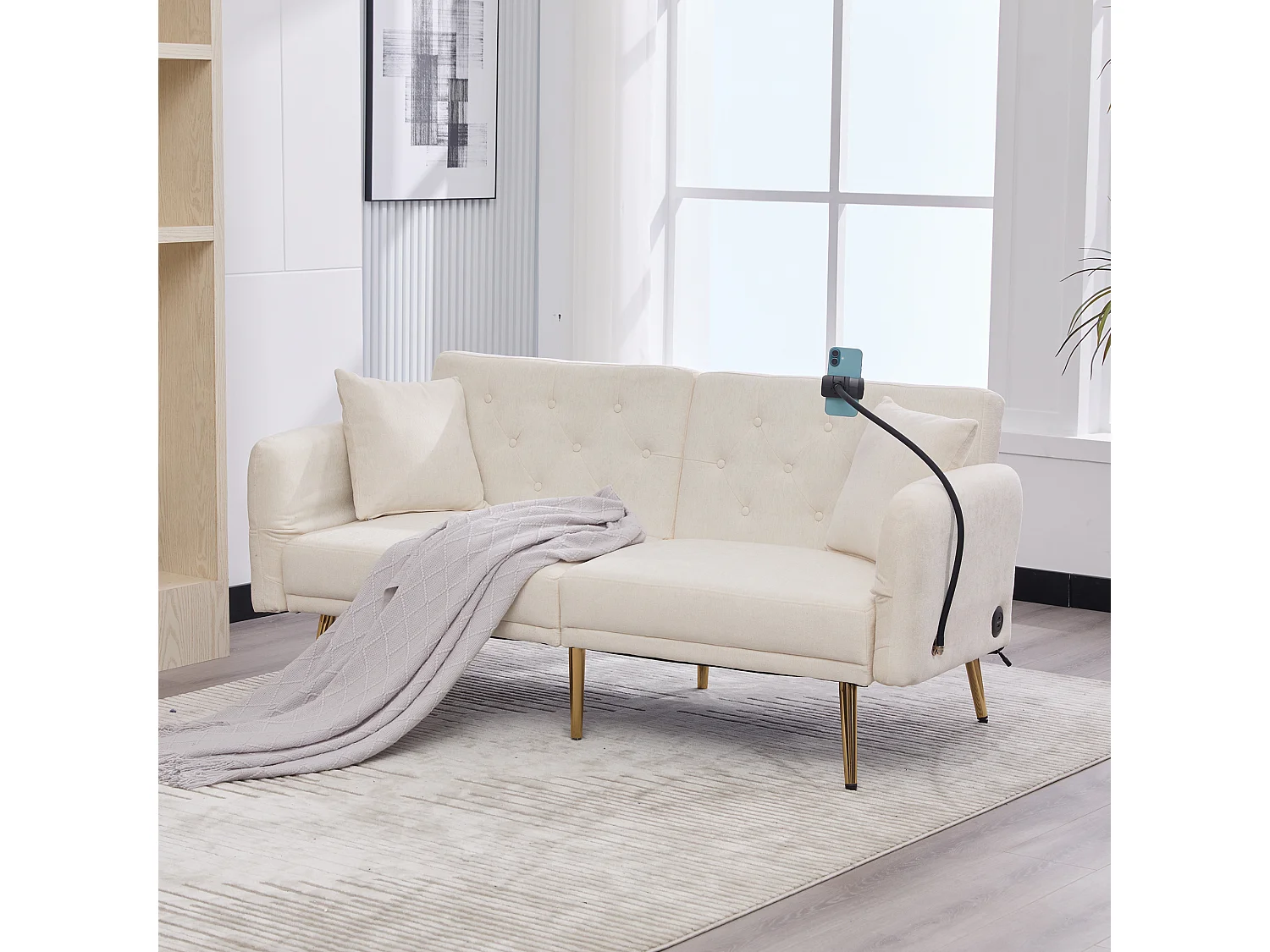 Canapé-lit 2 places multifonction avec dossier inclinable, USB, support téléphone, poche latérale, pliable pour salon ou chambre d’invités