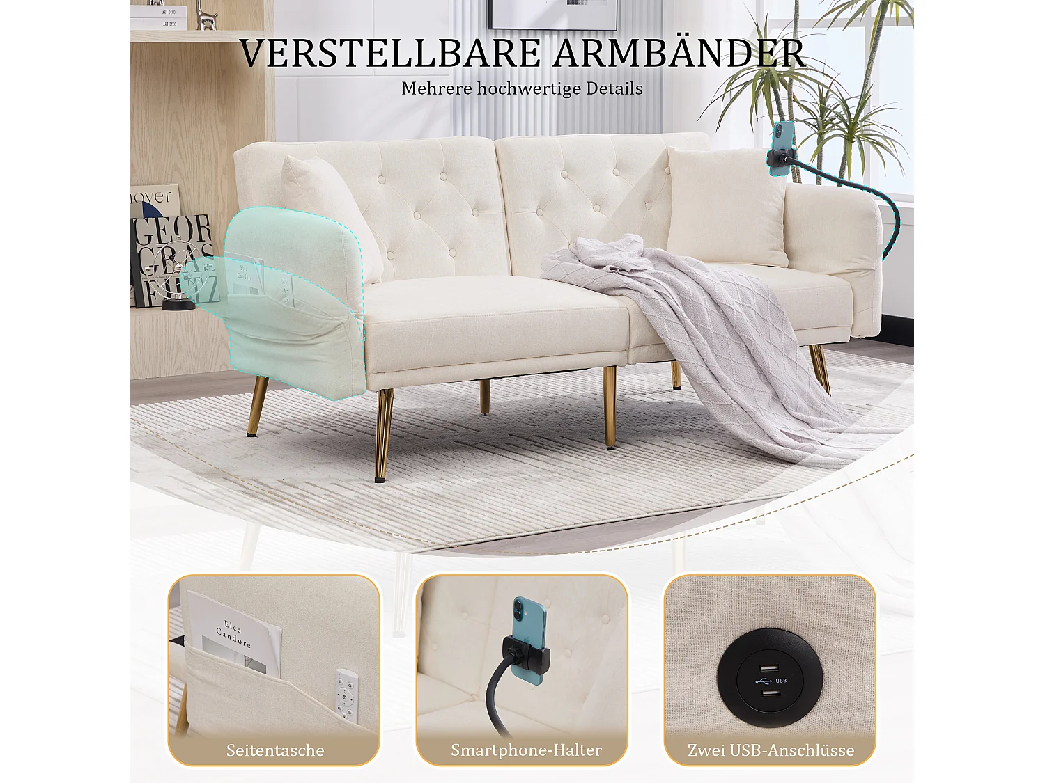 Canapé-lit 2 places multifonction avec dossier inclinable, USB, support téléphone, poche latérale, pliable pour salon ou chambre d’invités