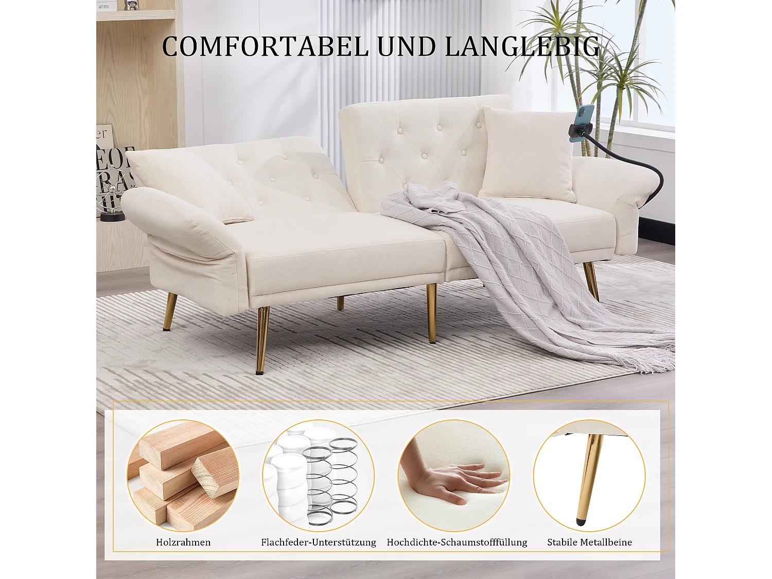 Canapé-lit 2 places multifonction avec dossier inclinable, USB, support téléphone, poche latérale, pliable pour salon ou chambre d’invités