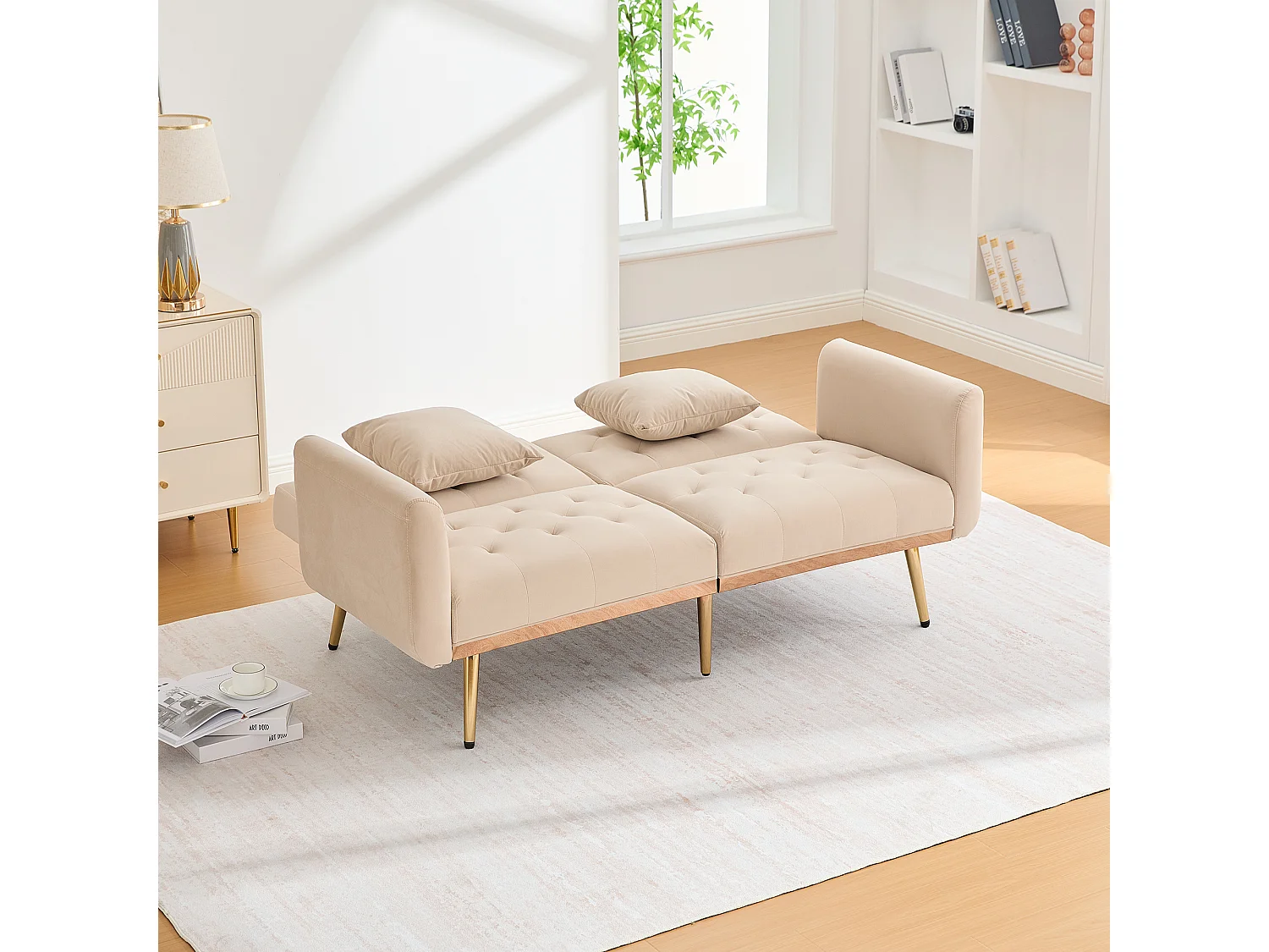 Canapé 2 places moderne beige en velours, dossier réglable, coussins inclus, confortable avec structure métallique, idéal pour salon