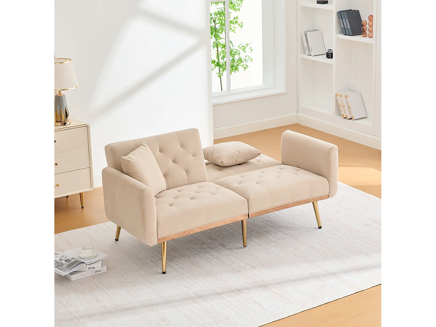 Canapé 2 places moderne beige en velours, dossier réglable, coussins inclus, confortable avec structure métallique, idéal pour salon