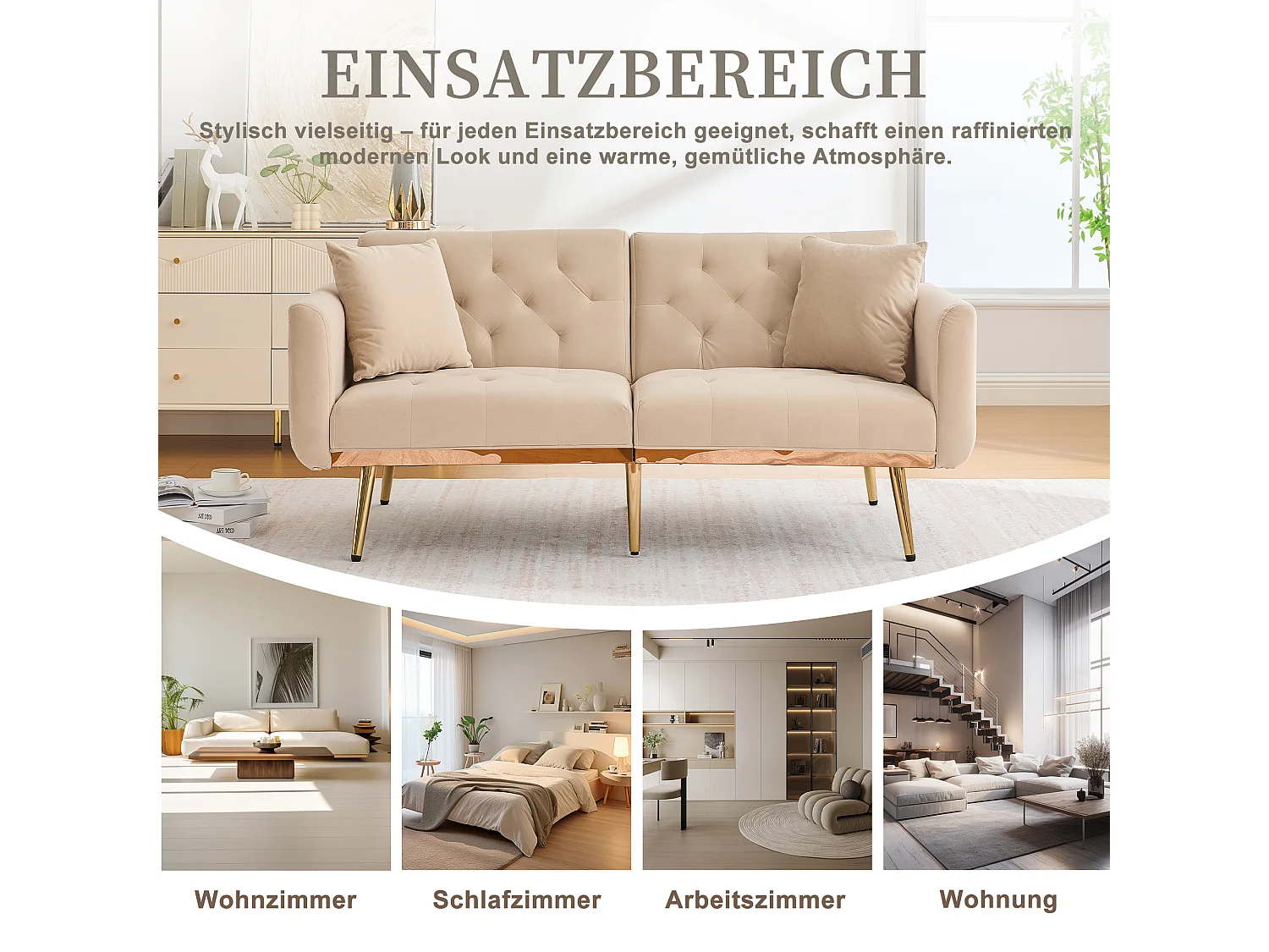 Canapé 2 places moderne beige en velours, dossier réglable, coussins inclus, confortable avec structure métallique, idéal pour salon