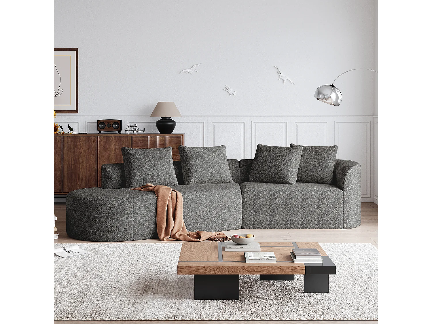 Canapé d'angle surdimensionné en chenille moderne, 4 places, Forme nuage arrondie, 4 coussins décoratifs, modulable pour salon et chambre