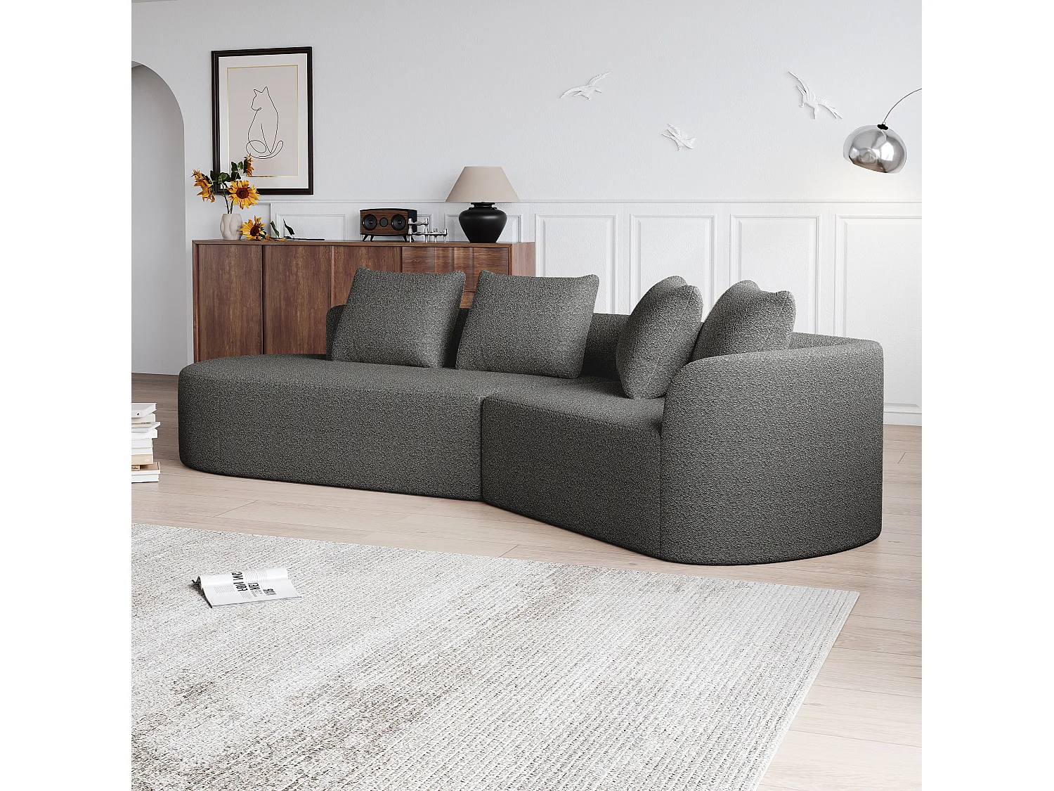 Canapé d'angle surdimensionné en chenille moderne, 4 places, Forme nuage arrondie, 4 coussins décoratifs, modulable pour salon et chambre