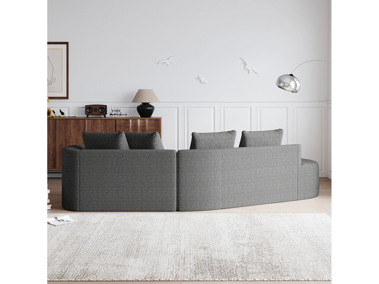 Canapé d'angle surdimensionné en chenille moderne, 4 places, Forme nuage arrondie, 4 coussins décoratifs, modulable pour salon et chambre