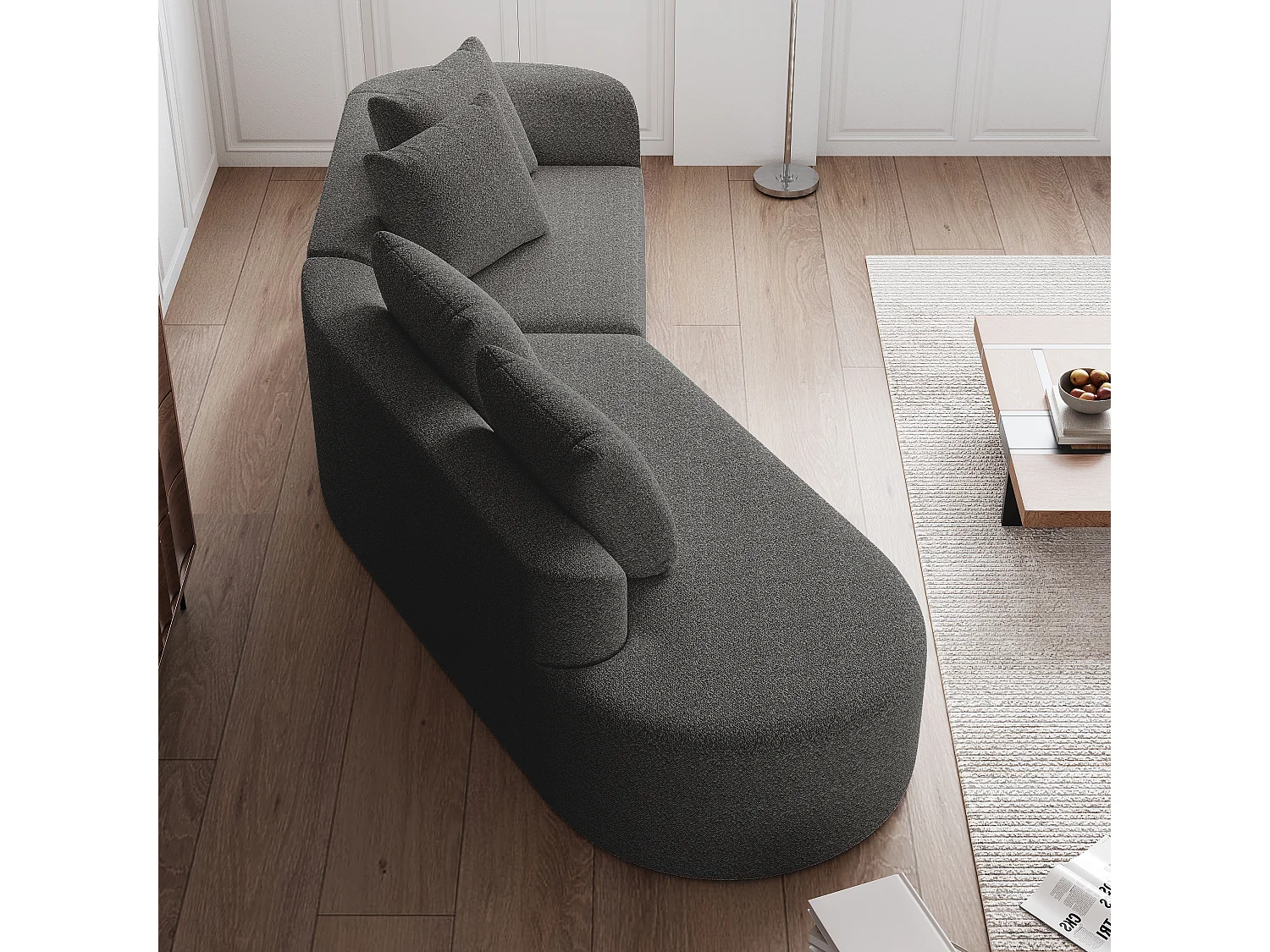 Canapé d'angle surdimensionné en chenille moderne, 4 places, Forme nuage arrondie, 4 coussins décoratifs, modulable pour salon et chambre