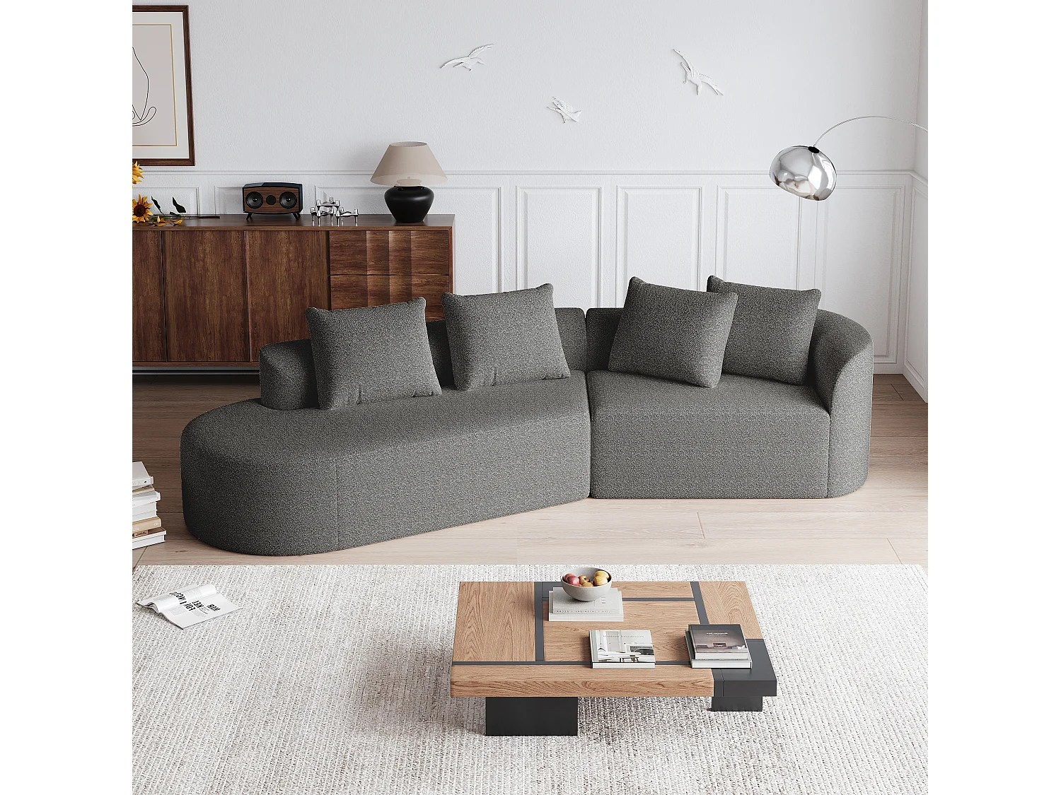 Canapé d'angle surdimensionné en chenille moderne, 4 places, Forme nuage arrondie, 4 coussins décoratifs, modulable pour salon et chambre