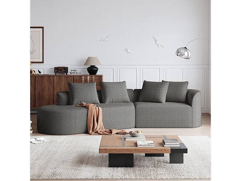 Moderno sofá esquinero extragrande de chenilla, 4 plazas, forma de nube redondeada, 4 cojines decorativos, modular para salón y dormitorio.