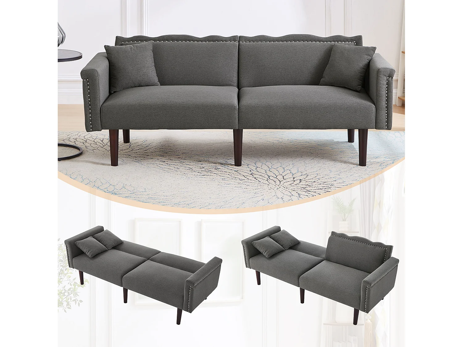 Canapé 2 places 2-en-1, dossiers indépendants réglables, tissu coton-lin et rembourrage en mousse haute densité, structure décorative